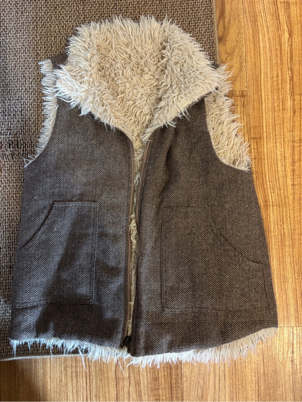 Reversible Fur-Lined Herringbone Vest - Brown & Cream